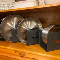 Customer-uploaded image. Click to see more details. The image represents: Stainless steel pots and pans organized on wooden kitchen shelves with black metal dividers