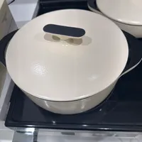 Customer-uploaded image. Click to see more details. The image represents: White ceramic cookware with lids on a black stovetop