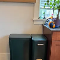 Customer-uploaded image. Click to see more details. The image represents: Kitchen corner with two dark green step trash cans beneath floating wooden shelves displaying decorative bowls and glassware, next to a window with blinds and a potted plant