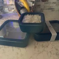 Customer-uploaded image. Click to see more details. The image represents: Three dark blue rectangular containers on a marble countertop, with the center container filled with white powder or granular substance. A yellow banana and other items visible in the background against a brick wall with blue lighting.