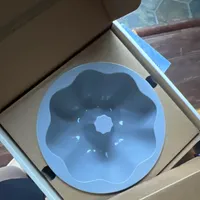Customer-uploaded image. Click to see more details. The image represents: A light blue flower-shaped silicone mold or container sitting in a cardboard box, viewed from above.