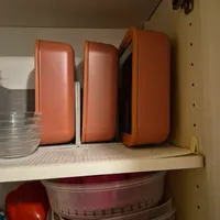 Customer-uploaded image. Click to see more details. The image represents: Three orange/rust-colored zippered storage cases arranged on a shelf above clear plastic containers with lids in a cabinet.