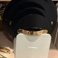Customer-uploaded image. Click to see more details. The image represents: A stack of black plates with gold rim accents stored in a gray fabric organizer labeled "Caraway" on a wooden shelf