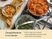 Caraway ceramic fry pans in several sizes holding shrimp, a baked dish, and vegetables.