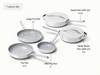 Caraway gray ceramic fry and sauté set: 8-, 10.5-, and 12-inch fry pans, plus lidded 3- and 4.5-quart sauté pans.
