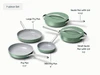 Caraway sage ceramic fry and sauté set: 8-, 10.5-, and 12-inch fry pans, plus lidded 3- and 4.5-quart sauté pans.
