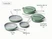 Caraway sage ceramic fry and sauté set: 8-, 10.5-, and 12-inch fry pans, plus lidded 3- and 4.5-quart sauté pans.
