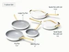 Caraway white ceramic fry and sauté set with gold-tone handles: three fry pans and two lidded sauté pans, with labeled sizes.