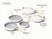 Caraway white ceramic fry and sauté set with gold-tone handles: three fry pans and two lidded sauté pans, with labeled sizes.