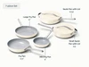 Caraway cream ceramic fry and sauté set: 8-, 10.5-, and 12-inch fry pans, plus lidded 3- and 4.5-quart sauté pans.