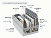 Caraway Cream baking sheets, cooling rack, muffin pan, loaf pan, circle pans, rectangle pan, square pan with storage organizers shown in a labeled size and contents guide.