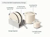 Caraway Cream rondeau, stir fry pan, stock pot, petite cooker with storage organizers shown in a labeled size and contents guide.