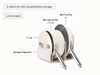 Caraway Cream mini sauce pan, mini fry pan with storage organizers shown in a labeled size and contents guide.