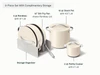 Caraway Cream rondeau, stir fry pan, stock pot, petite cooker with storage organizers shown in a labeled size and contents guide.