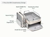 Caraway Cream grill pan, griddle, roasting pan with storage organizers shown in a labeled size and contents guide.