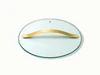 Caraway large clear glass cookware lid with a gold-tone handle, viewed at an angle.