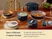 Caraway navy ceramic cookware, including a mini fry pan and mini sauce pan, serving a meal on a dining table.