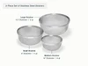 Caraway stainless steel strainers in three sizes, labeled 2-, 4-, and 6-quart capacities.