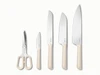 Caraway kitchen knives and shears with Cream handles, arranged side by side.