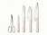 Caraway kitchen knives and shears with Cream handles, arranged side by side.