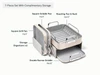 Caraway Cream grill pan, griddle, roasting pan with storage organizers shown in a labeled size and contents guide.