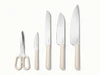 Caraway stainless steel knife set in Cream with kitchen shears.